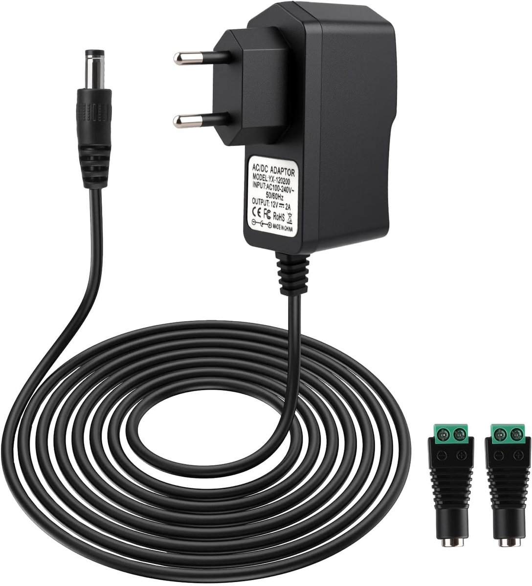 SnelShoppen - Universele Power Adapter 12V 2A 24W met 2 Stekkers voor LED Strips, Routers, CCTV Camera's, 220V-240V, 50/60Hz, DC 5.5mm x 2.1mm, 1m Kab