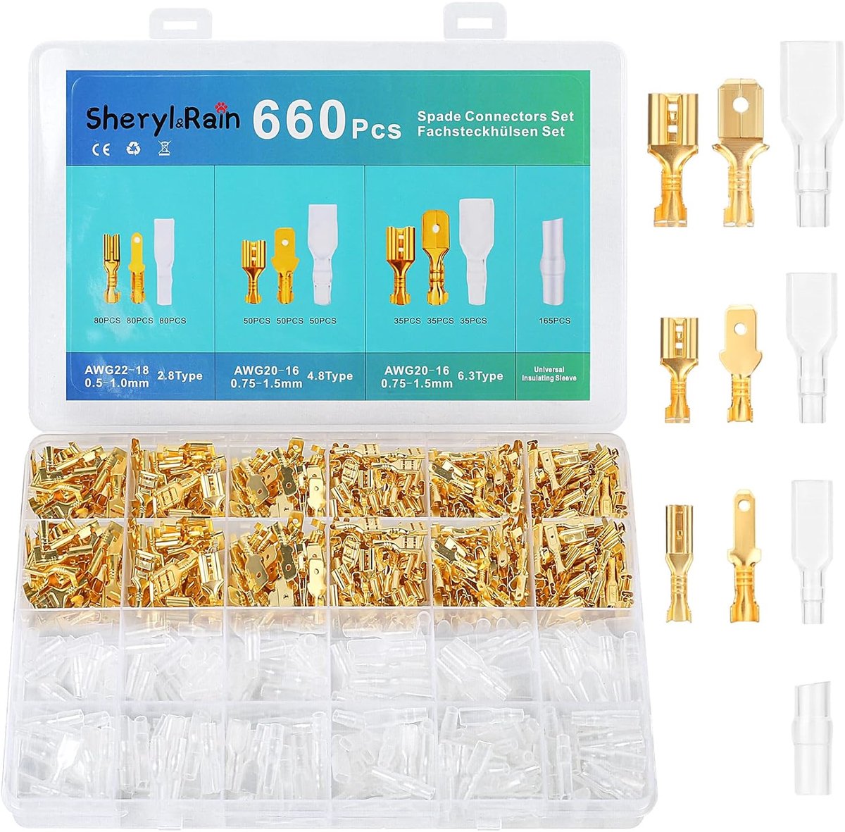 SnelShoppen - 660-delige Kabelschoen Set, Plakstekker Set met 2.8 mm, 4.8 mm, 6.3 mm, Inclusief Male en Female Plakstekkers, Terminal Blok Kits met Is