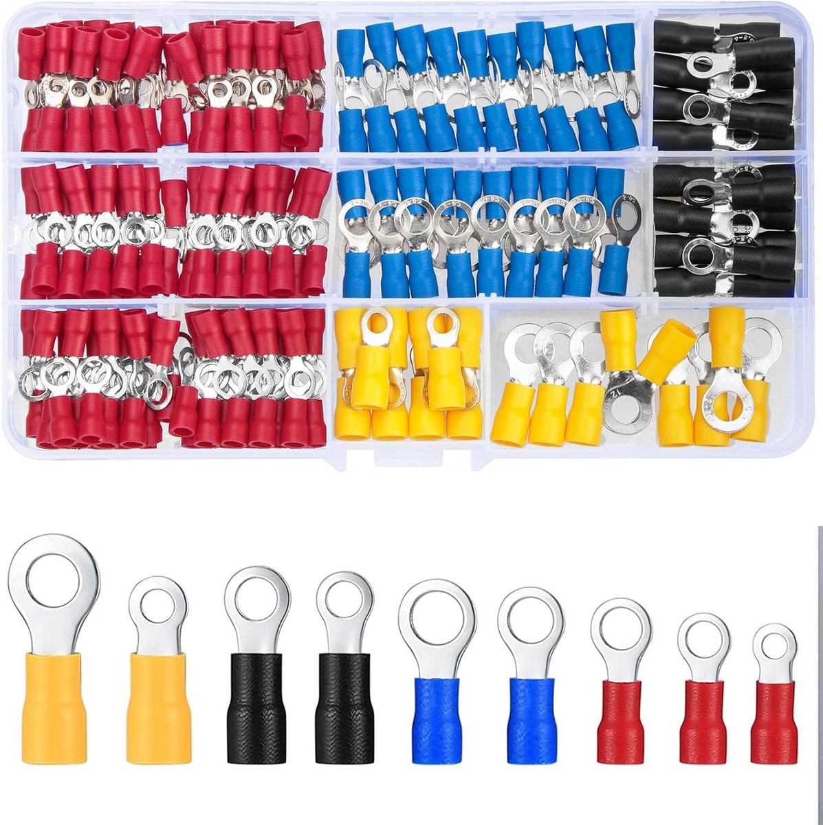 SnelShoppen - Pack van 200 Ring Lugs 1.25-6.0 mm², Geïsoleerde Klemmen, Koper, Verzilverd, Kabelverbindingen voor Elektriciteit, Duurzaam en Corrosieb