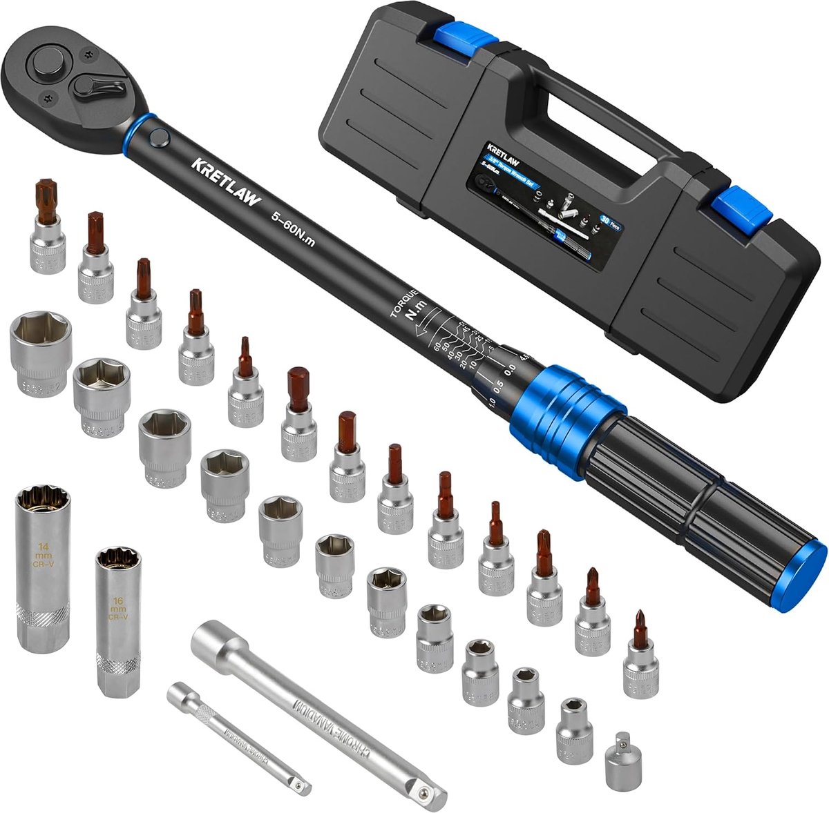 SnelShoppen - 30-Delige Krachtmoment Sleutel Set - 3/8" Krachtmoment Sleutel 5-60 Nm - 72 Tanden ±3% Nauwkeurigheid - Inclusief Verlengstukken, Caps e