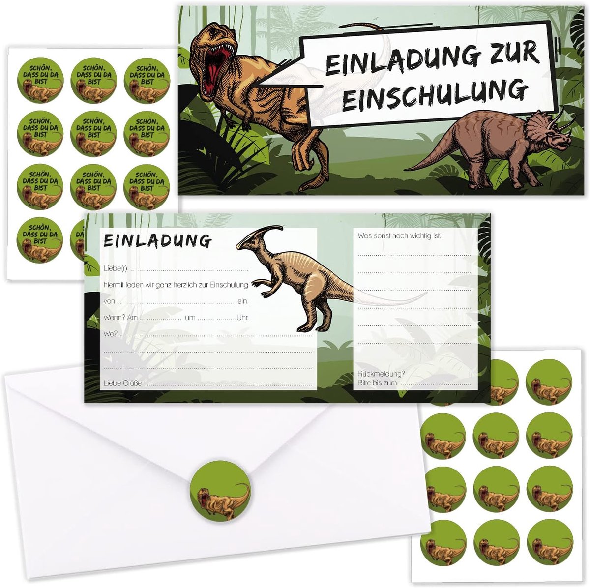 SnelShoppen - Dinosaur First Day School Invitation Kaarten Set van 10 met Enveloppen en Stickers - DIN Lang 10 x 21 cm - PEFC Gecertificeerd - Kindere
