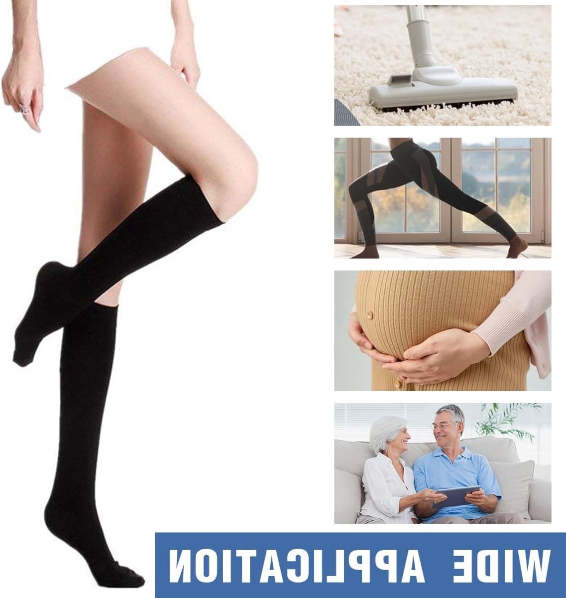 Medische Compressiekousen voor Dames en Heren, 2 Paar, Kniesokken tegen Tromboze, Maat L/XL, Zwart en Beige, Ondersteuning voor Bloedcirculatie