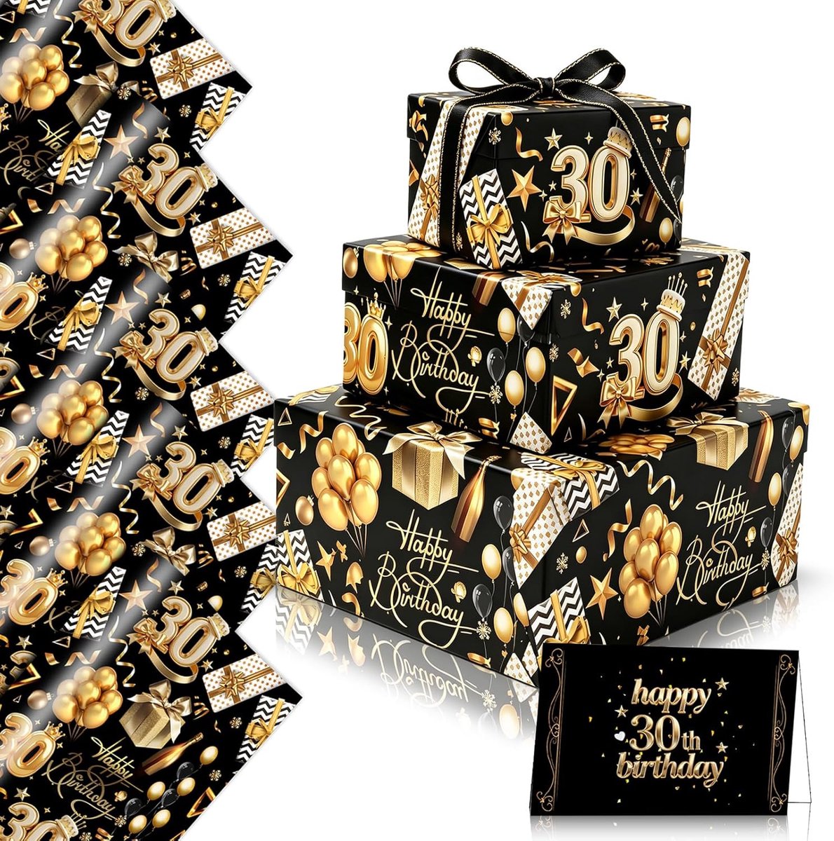 SnelShoppen - Luxe Verjaardag Inpakpapier Vellen Zwart Goud - 30 Stuks - Perfect voor Feesten, Cadeaus en Verjaardagen - Hoogwaardige Kwaliteit