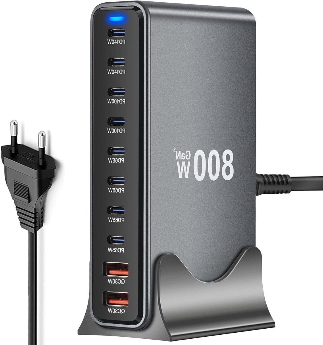 Krachtige 800W USB C Lader met 8 USB-C Poorten en 2 USB-A Poorten voor Meerdere Apparaten, Ideaal voor Laptop, Smartphone en Gaming Console tijdens Reizen