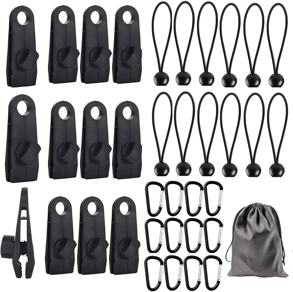 SnelShoppen - 37-delige Tarpaulin Clips Set met Tarp Clips, Nylon Tentlijnen, Aluminium Carabiners en Opbergtas - Perfect voor Camping, Hiken, Picknic