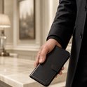 Man in een grijs jasje houdt een gesloten zwarte leren telefoonhoes vast.