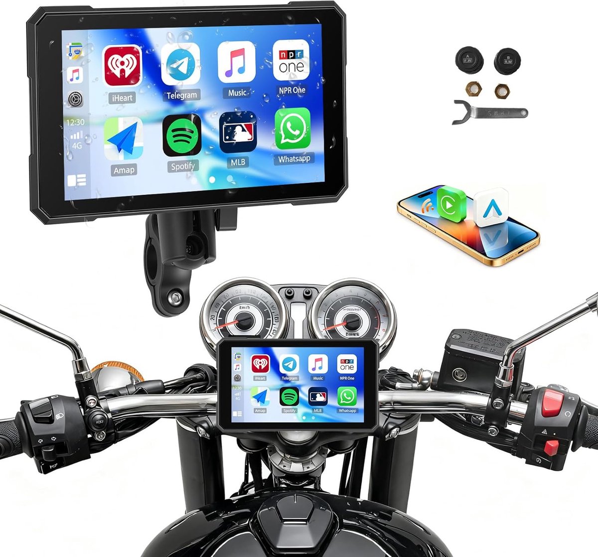 SnelShoppen - 5-inch Draadloze Touchscreen CarPlay voor Motorfiets met Bandenspanning Monitoring GPS - IP67 Waterproof 12V - Navigatie en Veiligheid