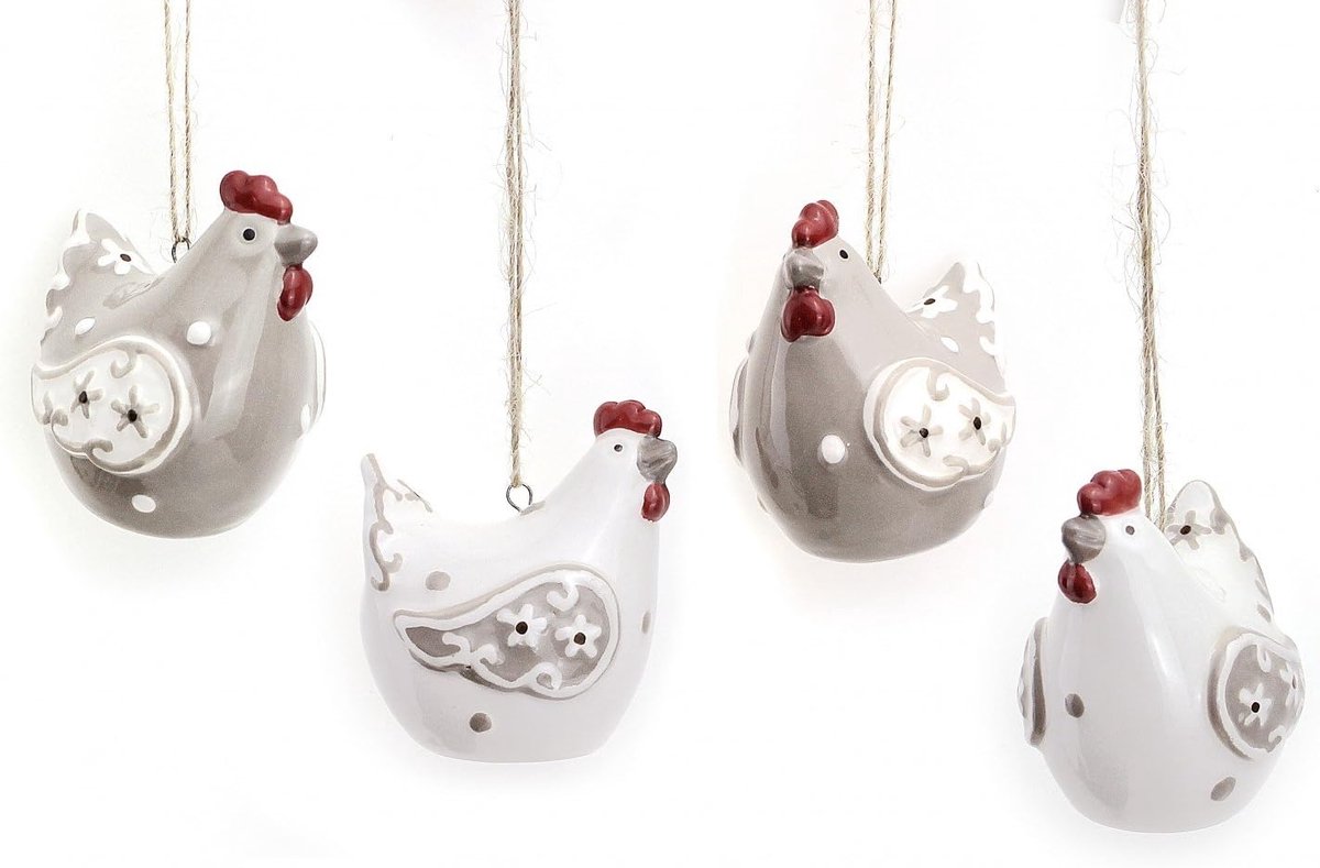 SnelShoppen - Set van 4 Decoratieve Kippen Hangers in Keramiek, Grijs Wit Rood, 6 cm voor Pasen, Lente, Tuin en Raamdecoratie