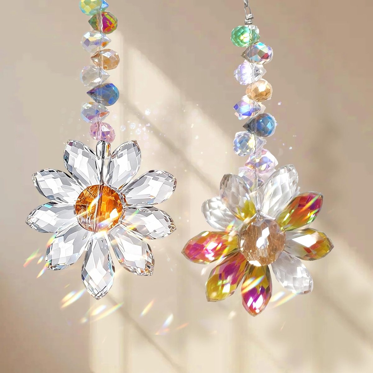 SnelShoppen - 2 Stuks Kristallen Raamhanger Zonnebloem - Transparante & Paarse Suncatcher - 34 cm - Regenboog Decoratie Voor Raam, Tuin, Balkon & Woon