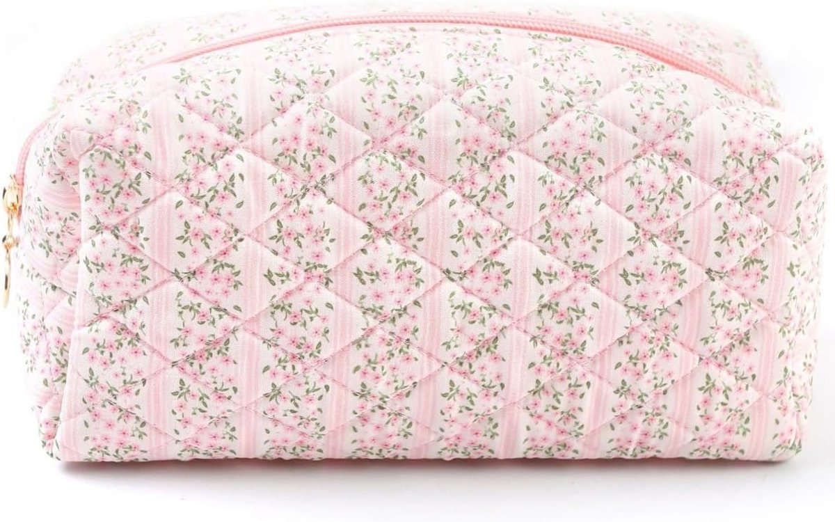 Bloemen Make-uptas - Cosmetische Pouch - Dagelijks Gebruik - Gewatteerd Ontwerp - 20 cm Breed - Roze