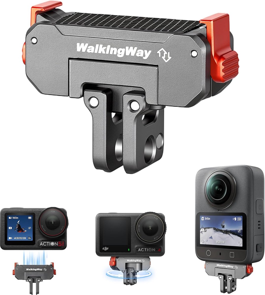 SnelShoppen - Walking Way 360° Draaibare Magnetische Snelsluithouder voor Actiecamera's - Sterke Metalen Adapter met 1/4 Inch Schroefdraad - Opvouwbar
