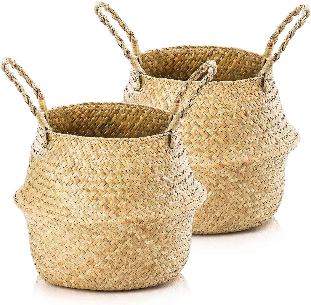 SnelShoppen - 2 Stuks Seagrass Opbergmanden met Handvatten - Geweven Vouwbare Ronde Speelgoed- en Wasmand voor Planken (24×20 cm)