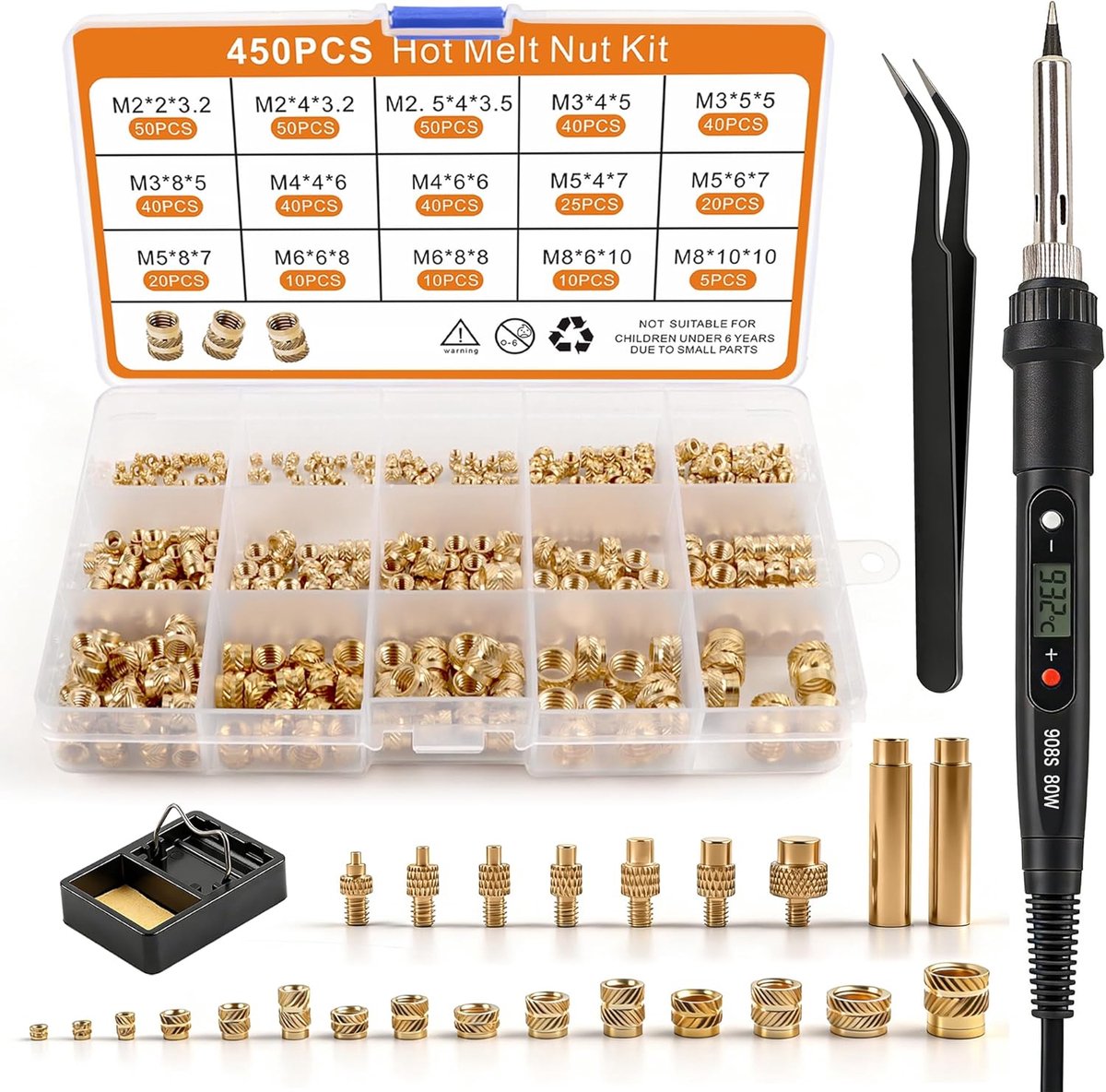 SnelShoppen - 450 stuks schroefdraadinzetstukken, soldeerbout met LCD-instelbare temperatuur, 7 soldeerpunten, 2 adapters, soldeerboutstandaard, pince