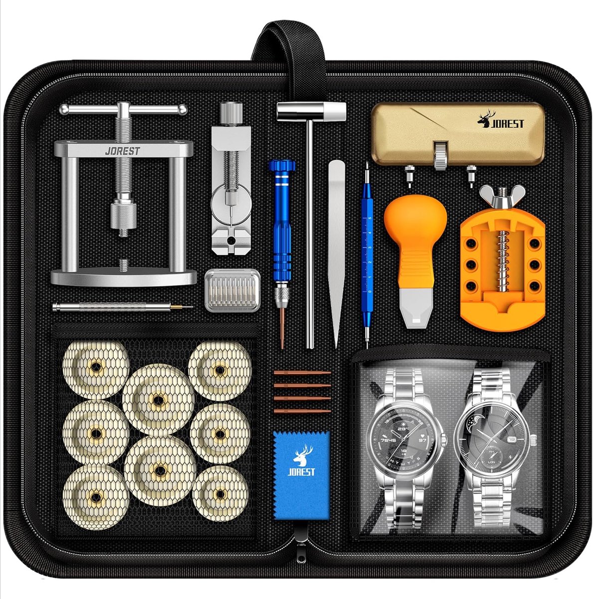 SnelShoppen - JOREST Horlogemaker Reparatie Set + Klok Pers, Batterij Vervangen, Horloge Verwijdering, Sleutelbox Openen, Pins Inkorten/Verwijderen/In