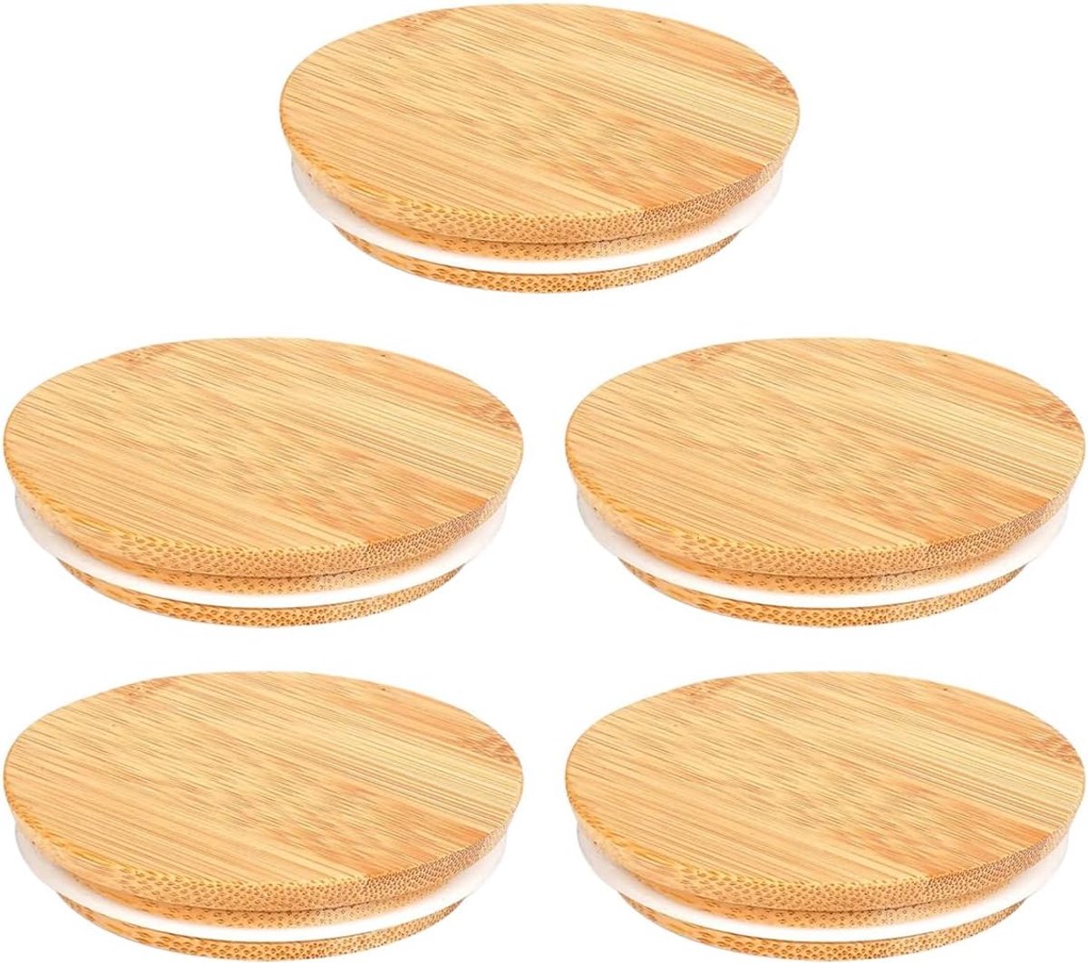 SnelShoppen - 5-delige Luchtdichte Bamboo Jar Deksels met Silicone Sealing Ring - Herbruikbare Lekvrije Deksels voor Yoghurt Potten, Glazen Potten en