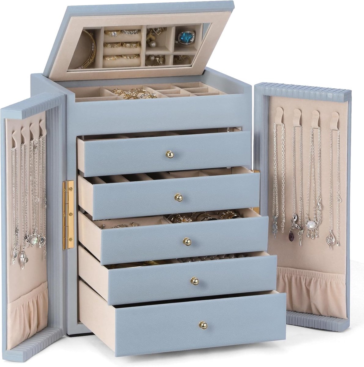 SnelShoppen - Grote Sieradenopberging - 5 Lades Sieraden Doos - 6 Niveaus Juwelen Box - Spiegeltje Dubbele Deur - Geschenk voor Vrouwen Meisjes - Vert