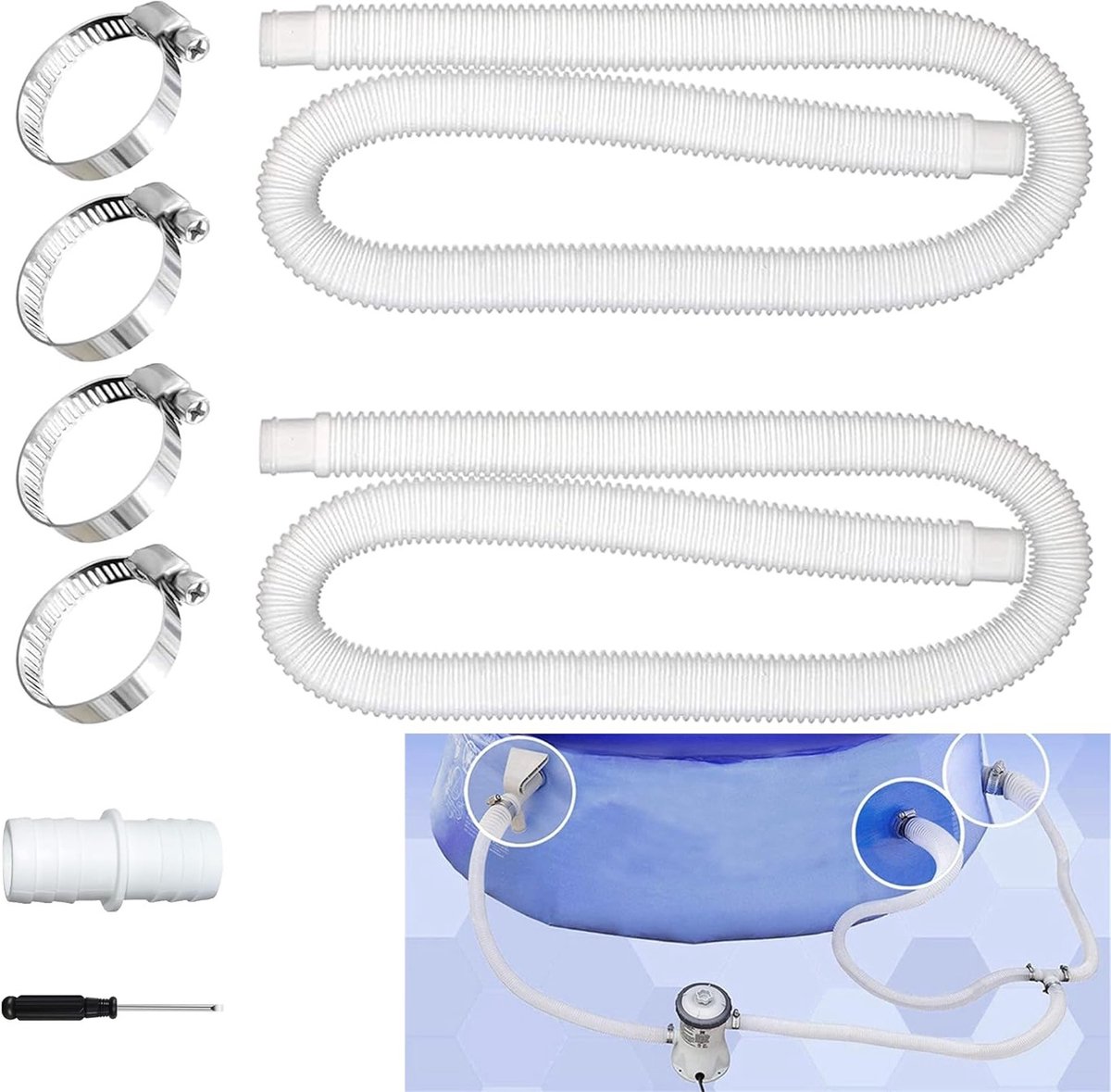 Vervangingsslang voor zwembadpompen 32 mm, 2-delige set met 4 metalen clips en 1 slangconnector, ideaal voor zwembadfilters en pompaccessoires