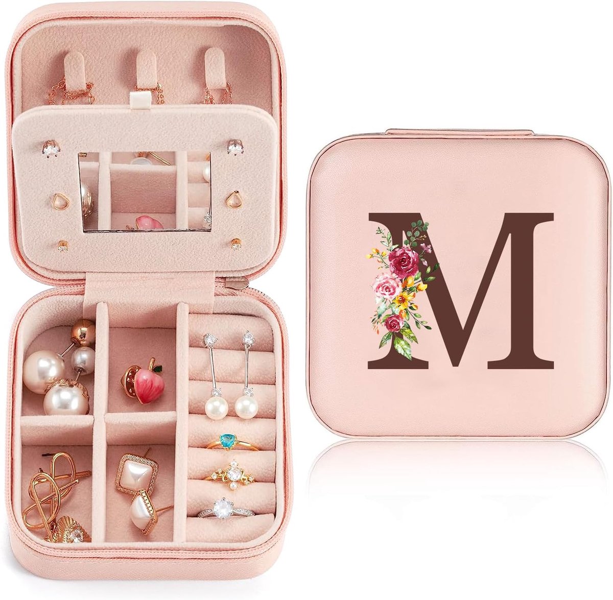 SnelShoppen - Mini Sieradenbox voor Vrouwen Meisjes, Reis Sieraden Organizer met Spiegel, Initial M, Voor Ringen, Oorbellen, Kettingen, Ideaal Cadeau