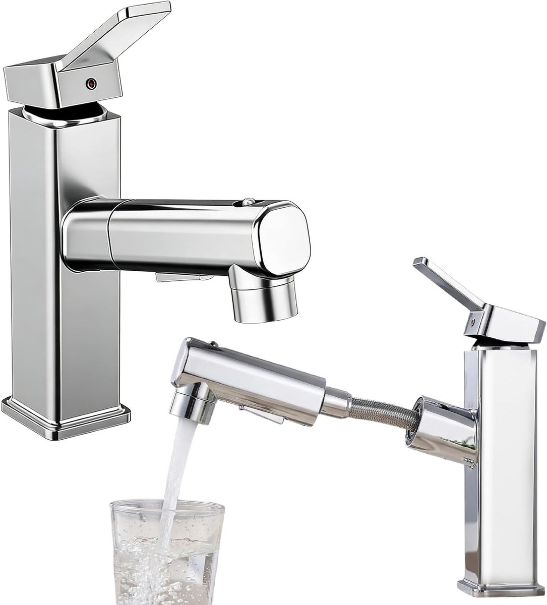 Uittrekbare waterkraan voor badkamer met hogedruk, eengreepsmengkraan en 3 straalsoorten voor optimale functionaliteit en gebruiksgemak