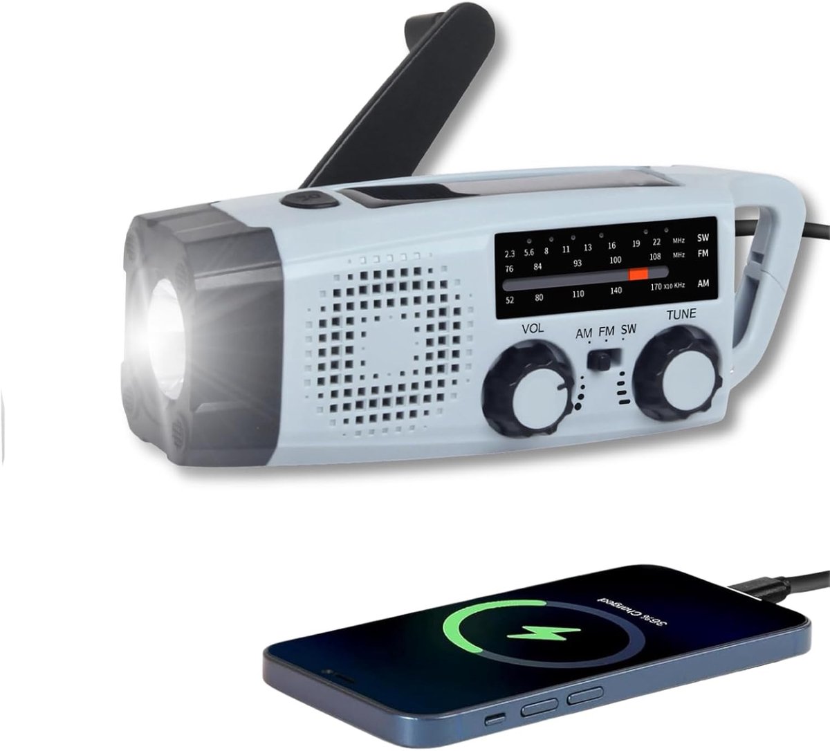 SnelShoppen - Draagbare Noodradio, Oplaadbare 2000 mAh AM/FM Zonnepaneel Radio met Crank, LED Zaklamp en USB Oplader, SOS Alarm voor Camping en Stroom