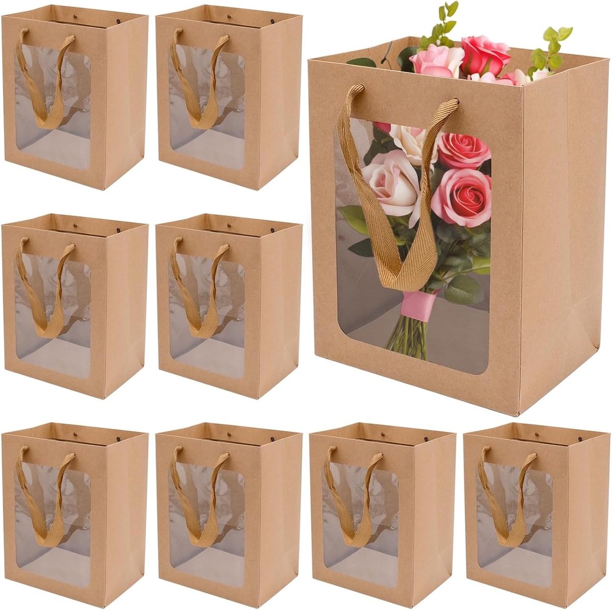 SnelShoppen - Set van 10 Herbruikbare Bruine Cadeauzakken met Venster, Kraft Papier, Perfect voor Verjaardagen, Trouwen, Feesten en Meer