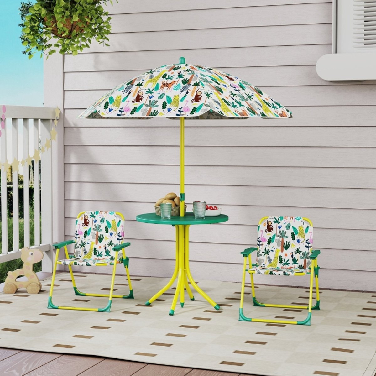 COVREO Kindertafel en stoelen set 49,5 x 49,5 x 122 cm groen polyester met verstelbare par