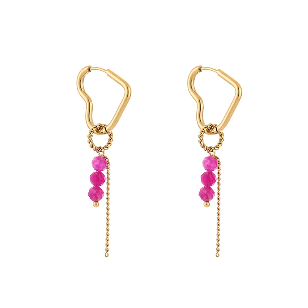 Stainless Steel Hartvormige Oorringen met Kralen en Kettinkje – Romantische & Trendy Oorhangers – RVS - Goud/Roze