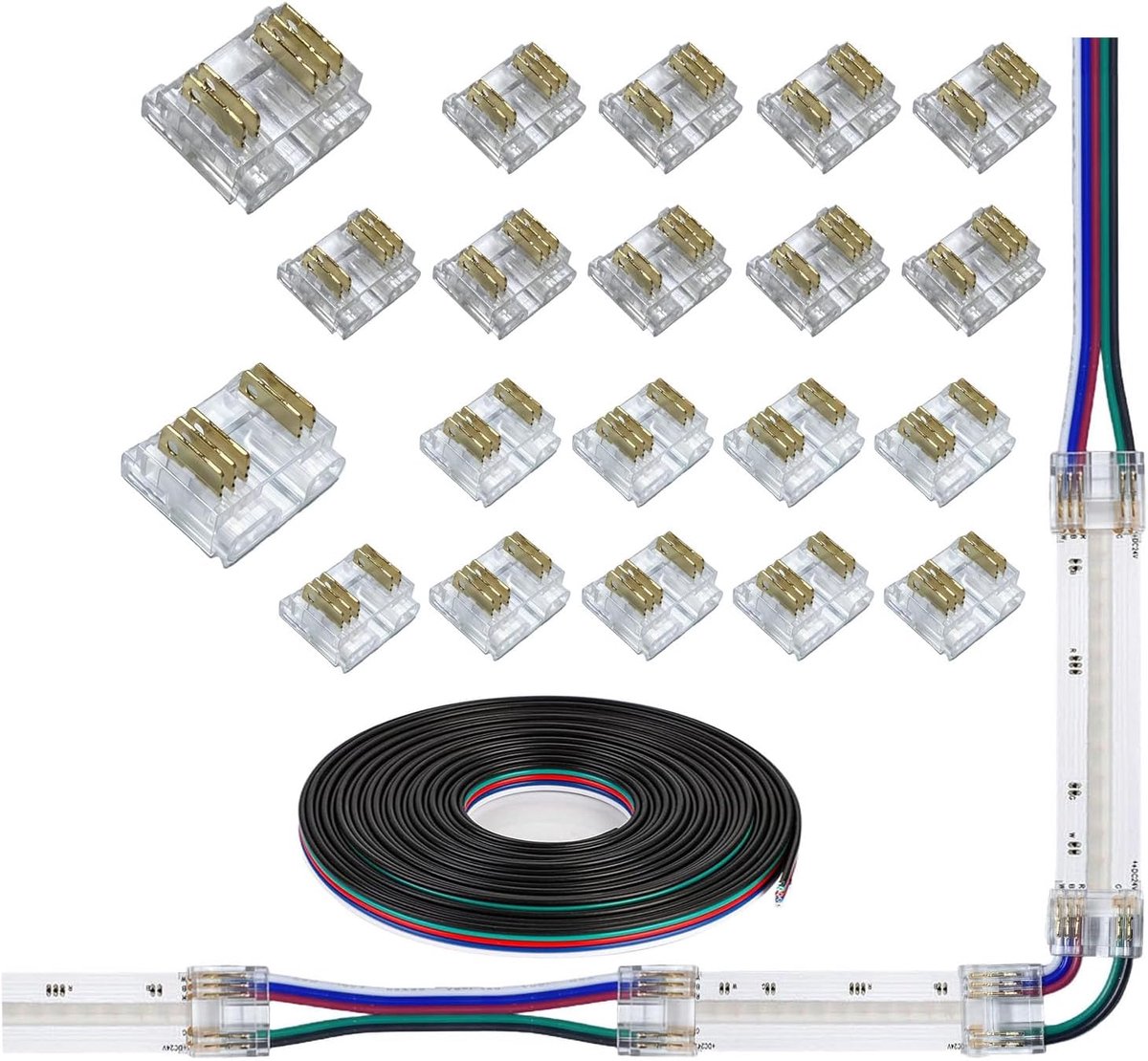 SnelShoppen - 20pcs 5 Pin COB LED Strip Connector Kit - Solder-free 12mm RGBW Kleurveranderende LED Verlengkabel met 3m 24 AWG - Ideaal voor Feest, Tu