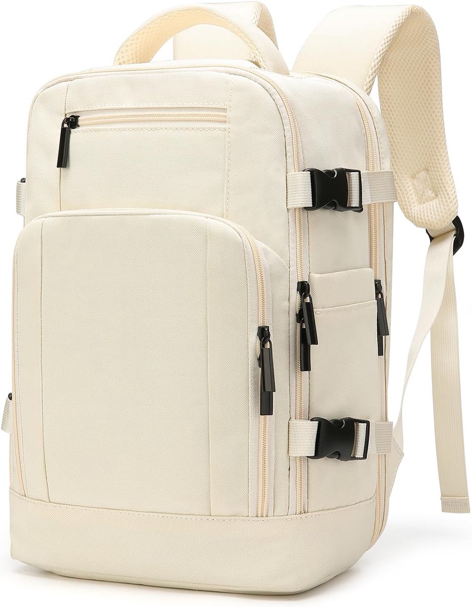 SnelShoppen - Backpack Handbagage 40x30x20 cm - Perfect voor Ryanair, Wizz Air, Vueling - Beige Met 14 Inch Laptopvak en Anti-Diefstal Beveiliging