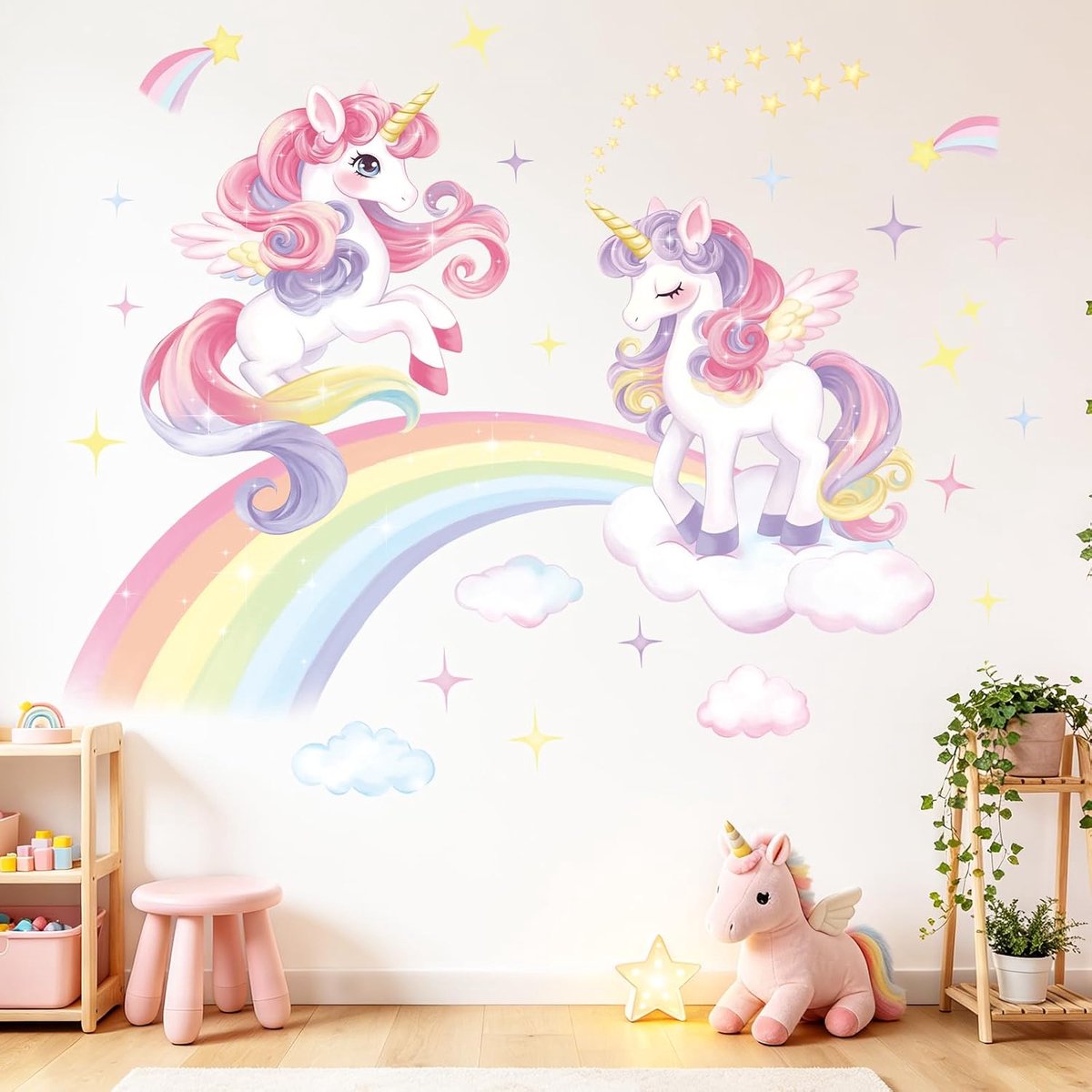 SnelShoppen - Muurtattoo Eenhoorn Regenboog Roze - Zelfklevende Muurstickers voor Kinderkamer, Babykamer, Slaapkamer - Wanddecoratie voor Meisjes - Ho