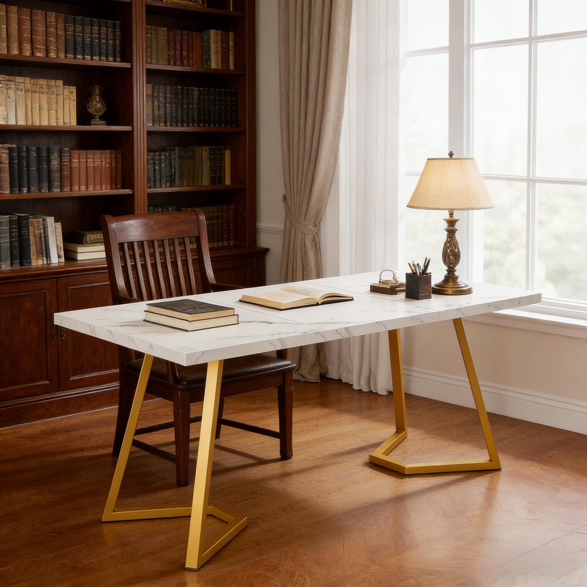 MODENUIT Bureau - Rechthoekig Bureau Met Marmerlook - Voor Woonkamer En Kantoor - Wit Goud - 140x80x75 Cm