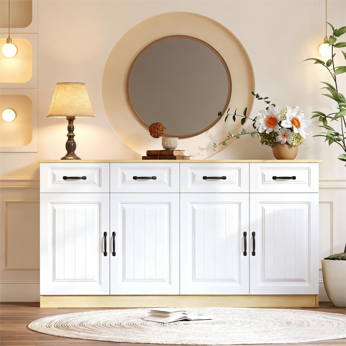 MODENUIT Dressoir - 4 Lades En 4 Deuren - Woonkamer, Slaapkamer En Keuken - MDF - 160 Cm - Wit En Natuurhoutkleur