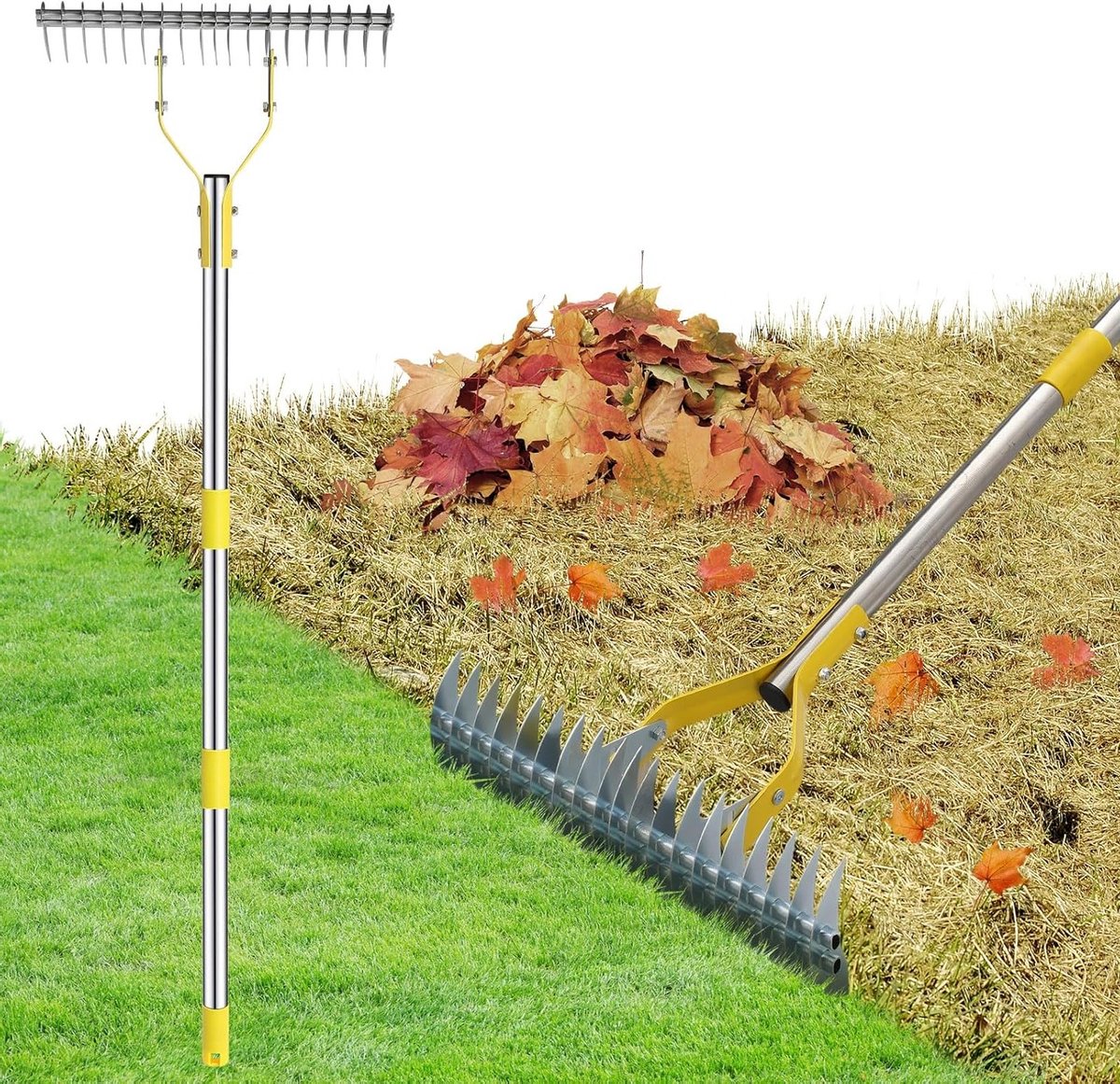 Verstelbare gazonhark met lange handgreep van 150 cm, multifunctionele tuingrijper voor wieden, bemesten en schoonmaken van gras en bladeren
