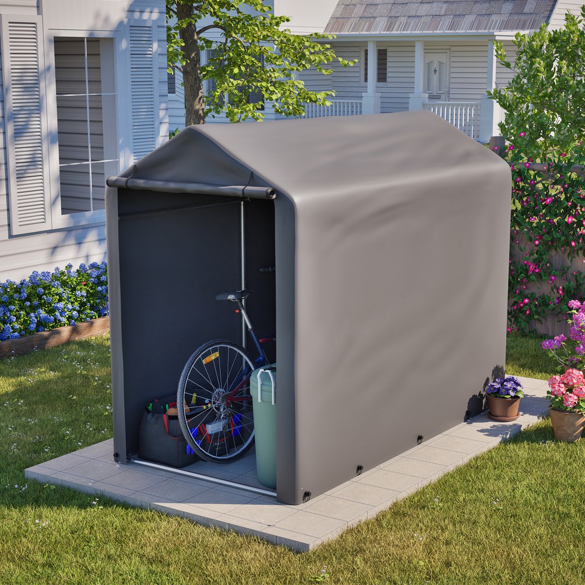 FloraGrace Opslagtent Met Stalen Frame – 187 X 100 X 160 Cm – Waterdicht 170 G Polyetheen Zeil – Donkergrijs – Voor Fiets, Motor En Tuingereedschap