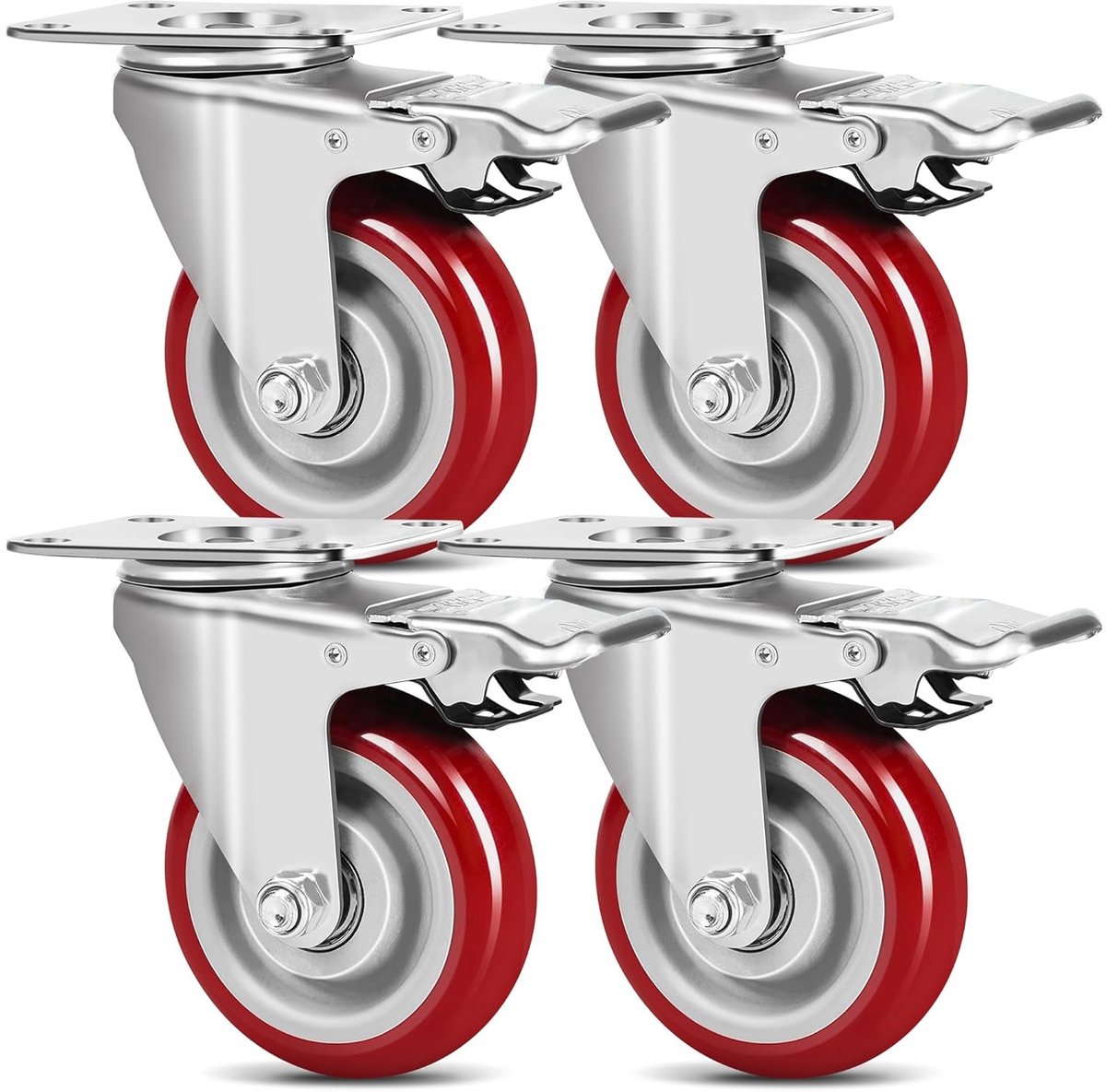 Set van 4 zware transportwielen met rem, 75 mm, voor zware belasting tot 500 kg, industriële wielen van massief rubber en geluidsarm