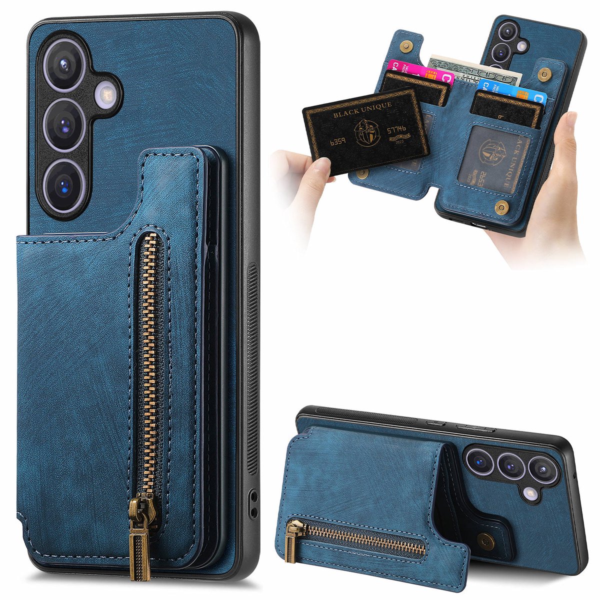 Silicone TPU en kunstleer kickstand retro blauw back cover hoesje case met rits - pasjeshouder - telefoonhoesje geschikt voor de Samsung Galaxy A27 5G
