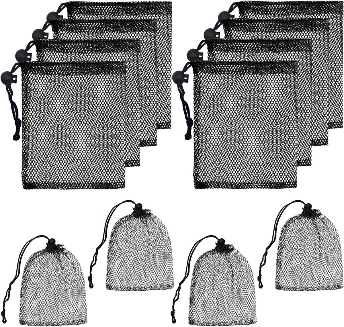 12 Stuks Zwarte Mesh Tas met Koord 15x20cm - Duurzame Reiszak voor Strand, Cosmetica en Speelgoed