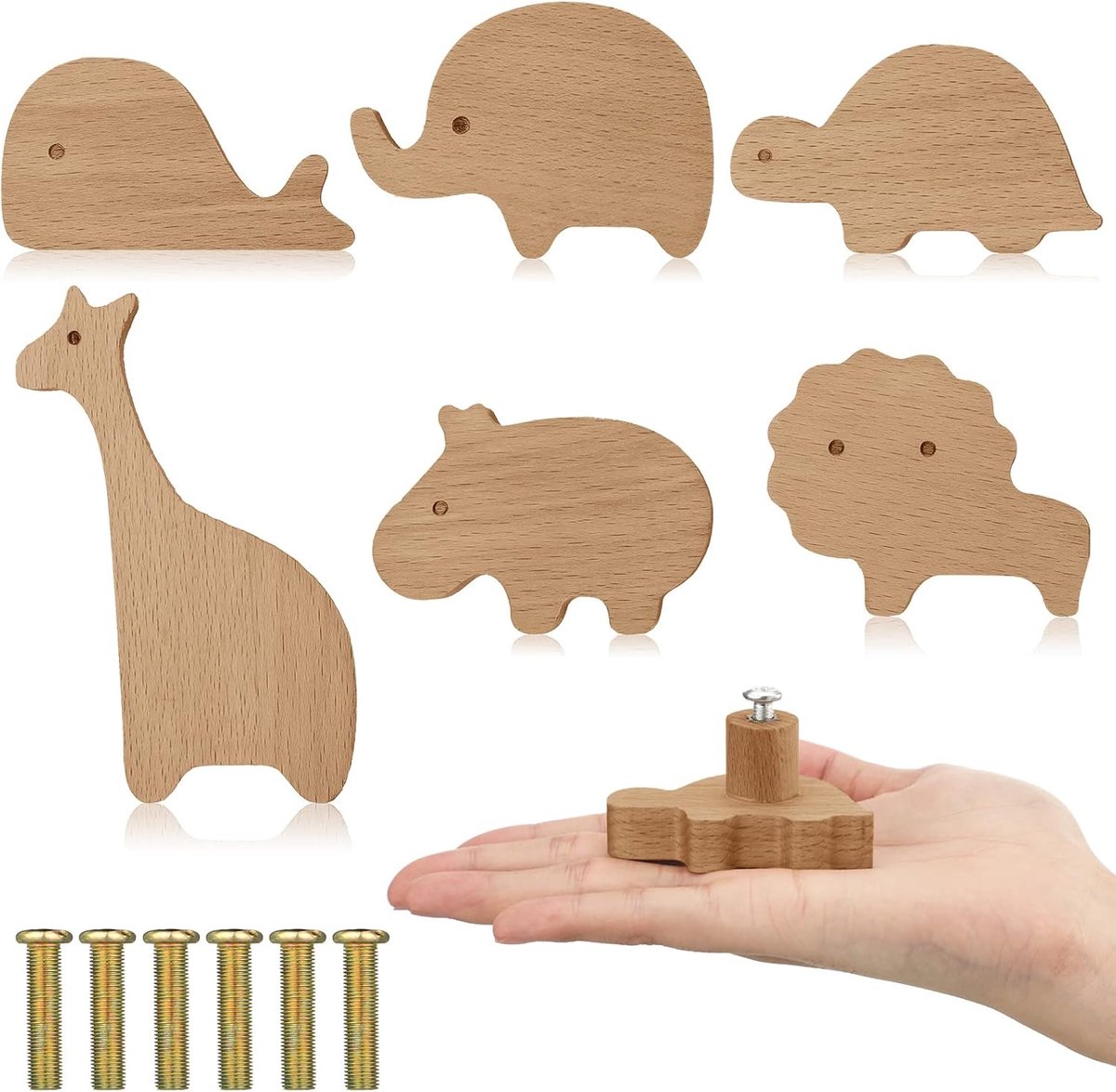 SnelShoppen - Houten Dresser Knoppen met Dierenthema, Decoratieve Houten Meubelknoppen voor Kinderen, Marine en Bosdieren, Inclusief Schroeven, 6 Stuk
