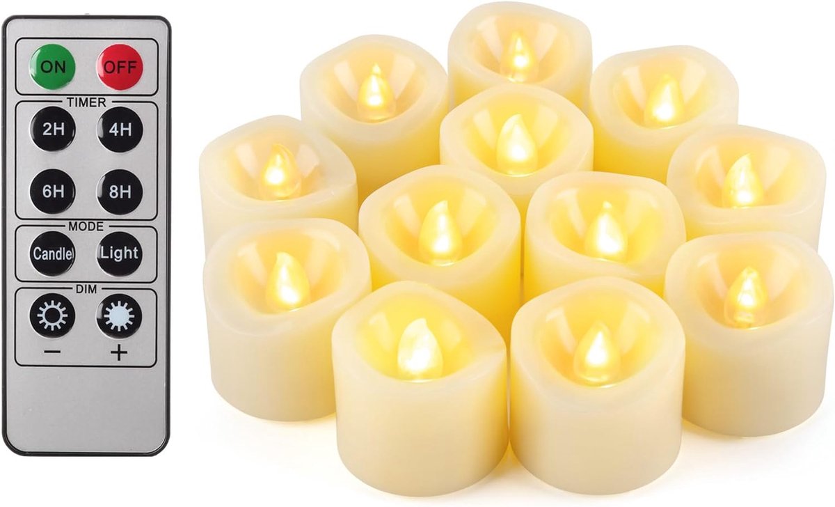 SnelShoppen - LED Flickering Flameless Votive Tealights Kaarsen met Afstandsbediening Set van 12 - Buiten en Binnen Gebruik - Kerstdecoraties met Time
