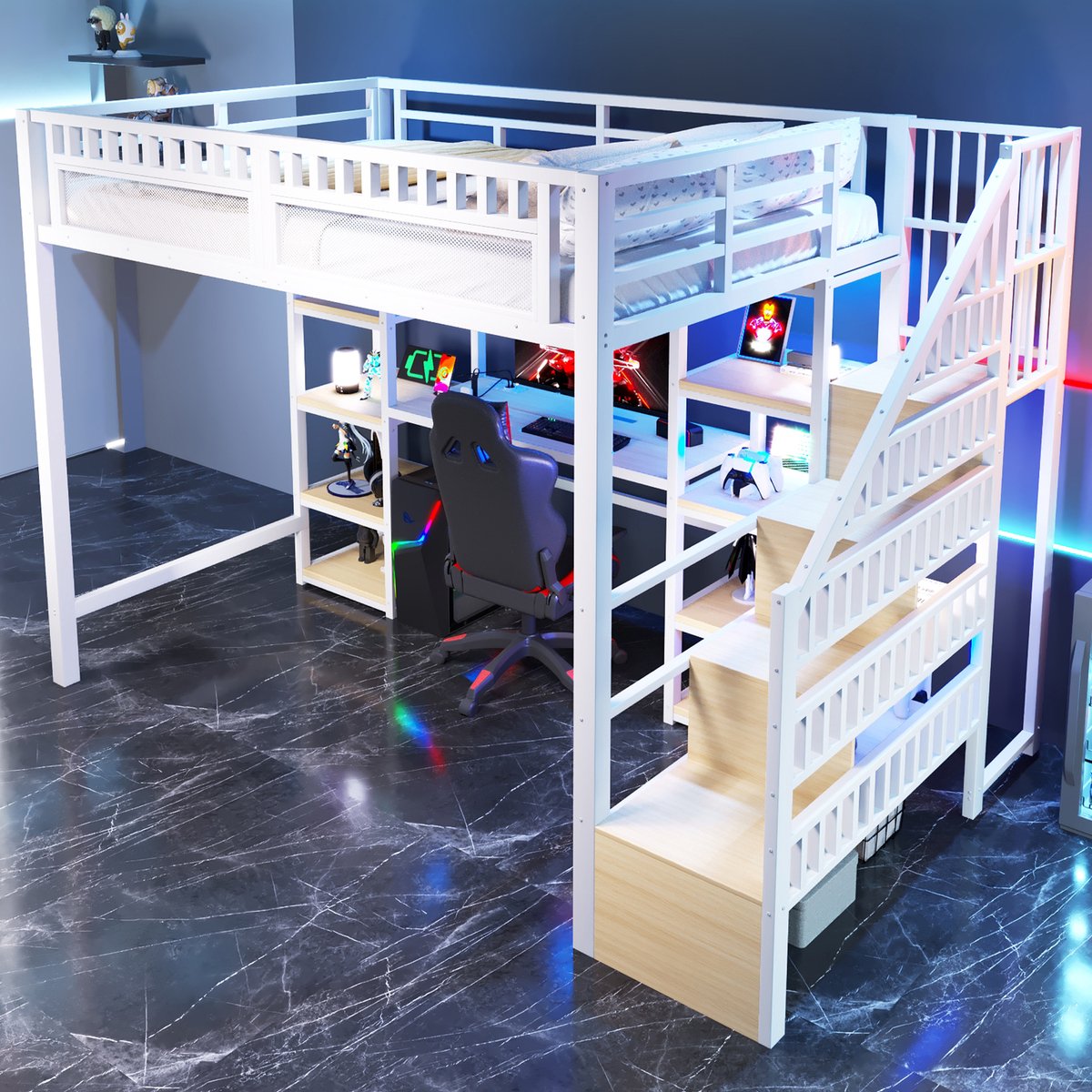 COVREO Hoogslaper 140 x 200 cm - met bureau, opbergruimte, LED-lichtstrip, USB, wit