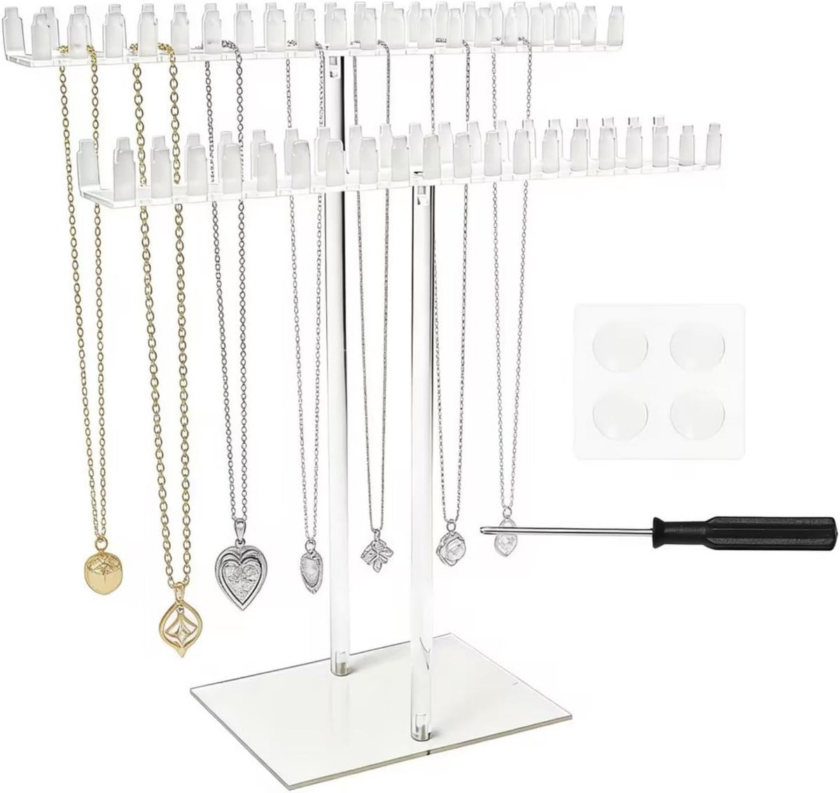 SnelShoppen - Elegant Transparante Stand voor Kettingen - 2 Laags Acryl Sieraden Organizer met 80 Haken voor Hangen van Kettingen, Armbanden en Ringen