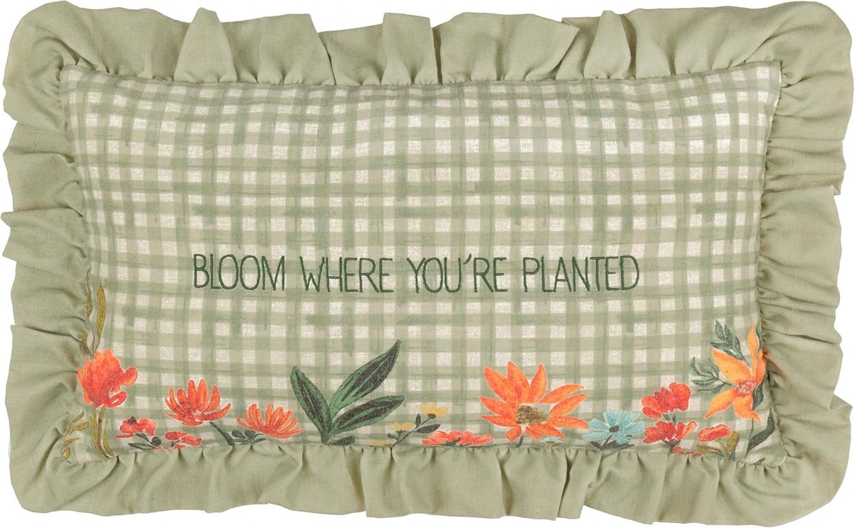 SnelShoppen - Kussenhoes Ruffles en Bloem Borduurwerk - Groen - 30x50cm - Gingham Patroon - Linnen Mix - Voor Woonkamer, Slaapkamer en Tuin