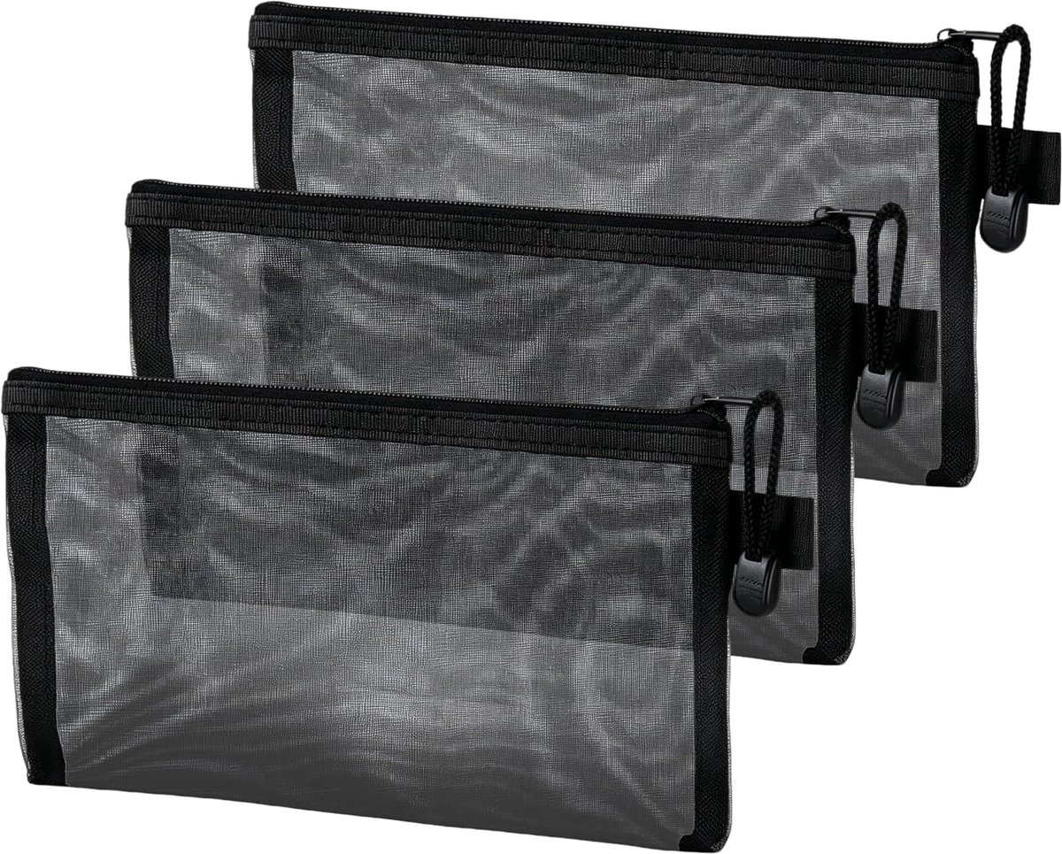 SnelShoppen - Set van 3 Transparante Etui met Rits, 21.5 x 11 CM, Nylon, Zwart - Ideaal Voor School, Werk, Reizen, Cosmetica en Toiletartikelen