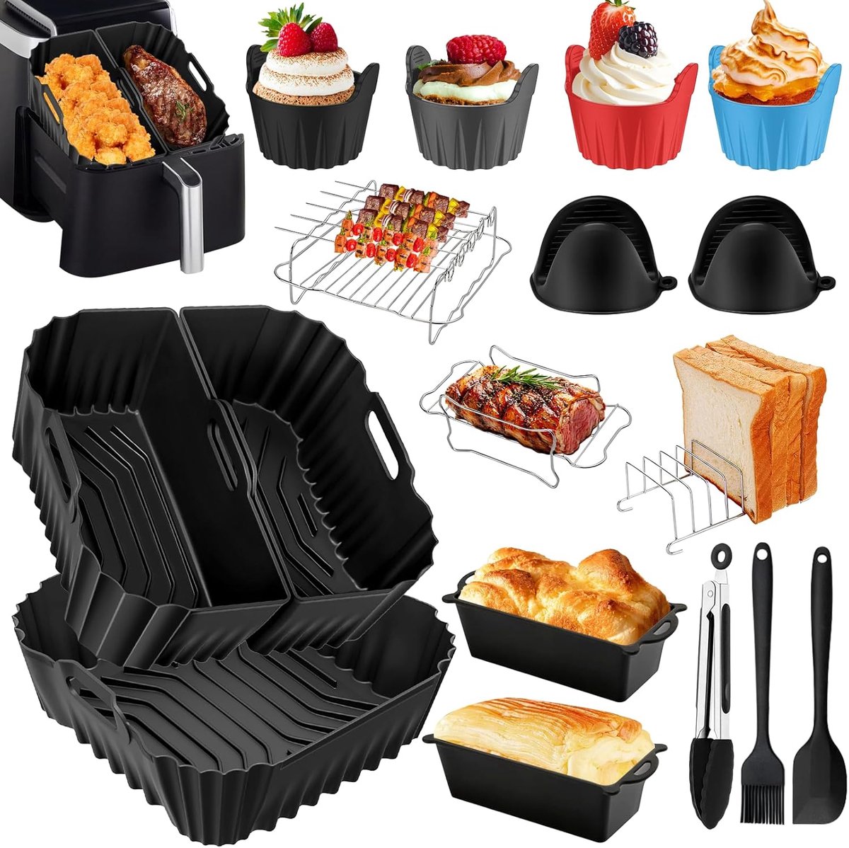 SnelShoppen Air Fryer Accessoires 22 Stuks voor 5.5L 6L 6.2L 6.4L Airfryer Herbruikbaar Silicone Bakgerei Muffinvorm Bakplaat Ovenwant en Meer