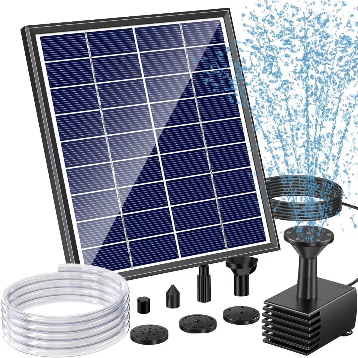 SnelShoppen - 6W Solar Water Fountain - Zonnefontein voor Tuin, Vogelbad, Kleine Vijvers, Aquariums - Met 1.5m Slang en 5 Nozzles - Duurzaam Glaspanee