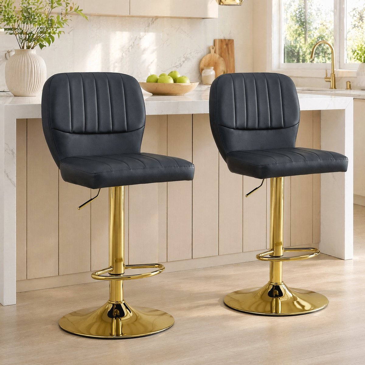 MODENUIT Barkruk 52 x 45 x 93-114 cm - 360° Draaibaar En Hoogte Verstelbaar - Keuken En Bar - Kunstleer - Zwart En Goud
