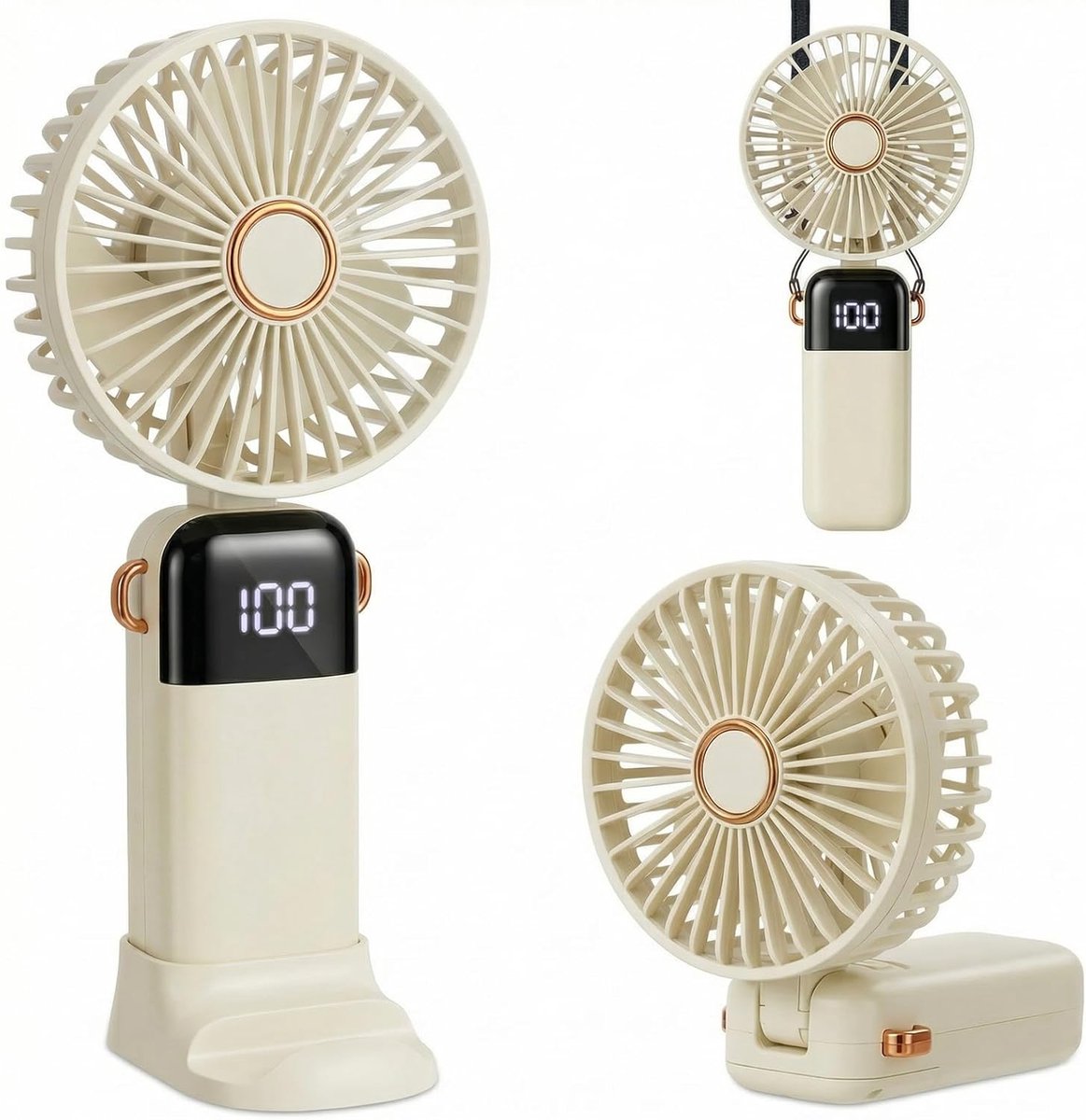 SnelShoppen - Draagbare Stille Mini Handventilator USB-Oplaadbaar Vouwbare Ventilator met 5 Snelheden en Sokkel voor Reizen, Kantoor en Thuis (Crèmewi