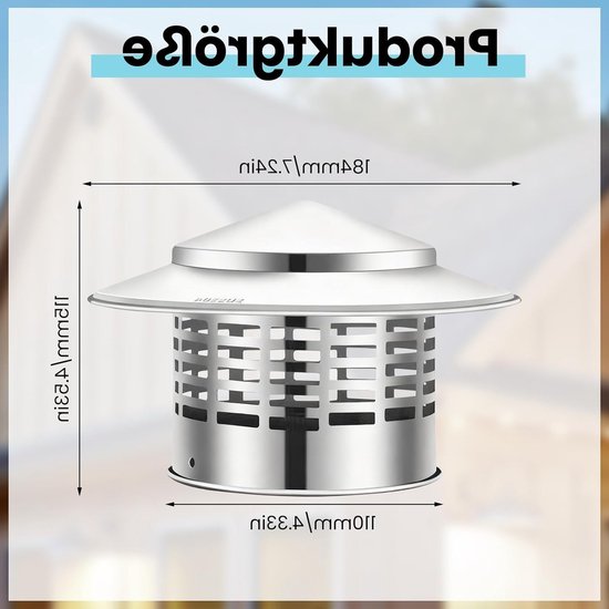 Zilverkleurige RVS schoorsteenkap met ronde openingen, afmetingen van 233mm breed en 184mm hoog.
