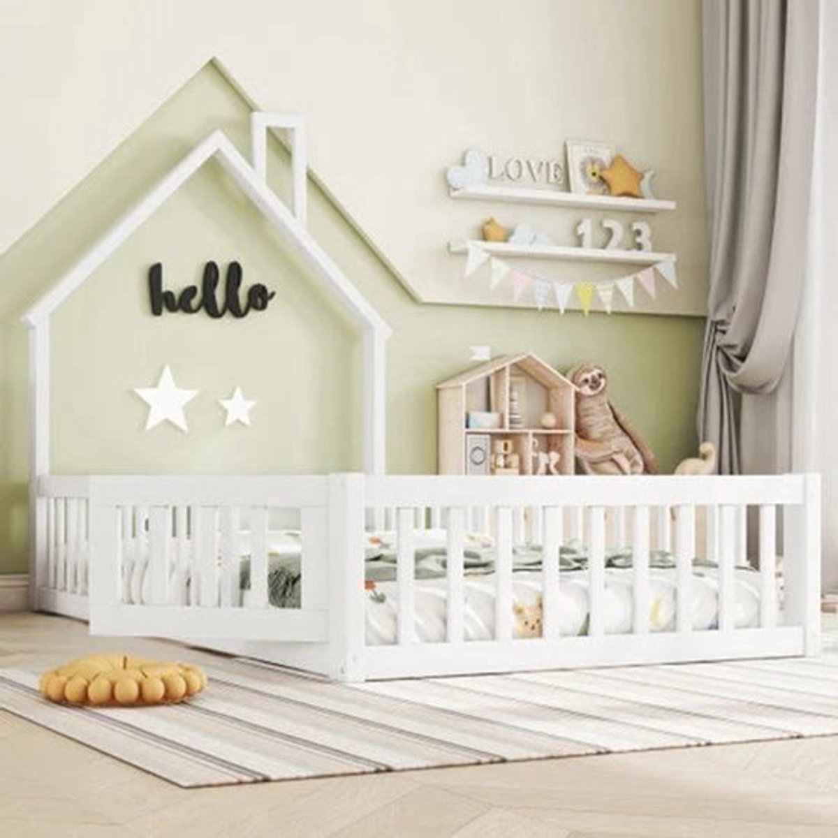 Kinderbed Tweepersoonsbed - Bed in Huis Design met Schoorsteen - Massief Houten - Bed met