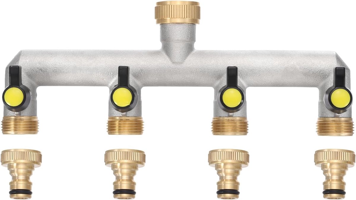SnelShoppen - 4-way water distributor, tap connection adapter met zwarte individuele kleppen, waterdoorstroming instelbaar en vergrendelbaar voor tuin